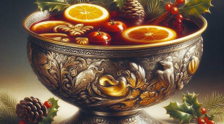 O tradicional Wassailing Bowl, contendo o wassail, uma bebida quente à base de cidra de maçã, citrinos, canela, anis e mel.